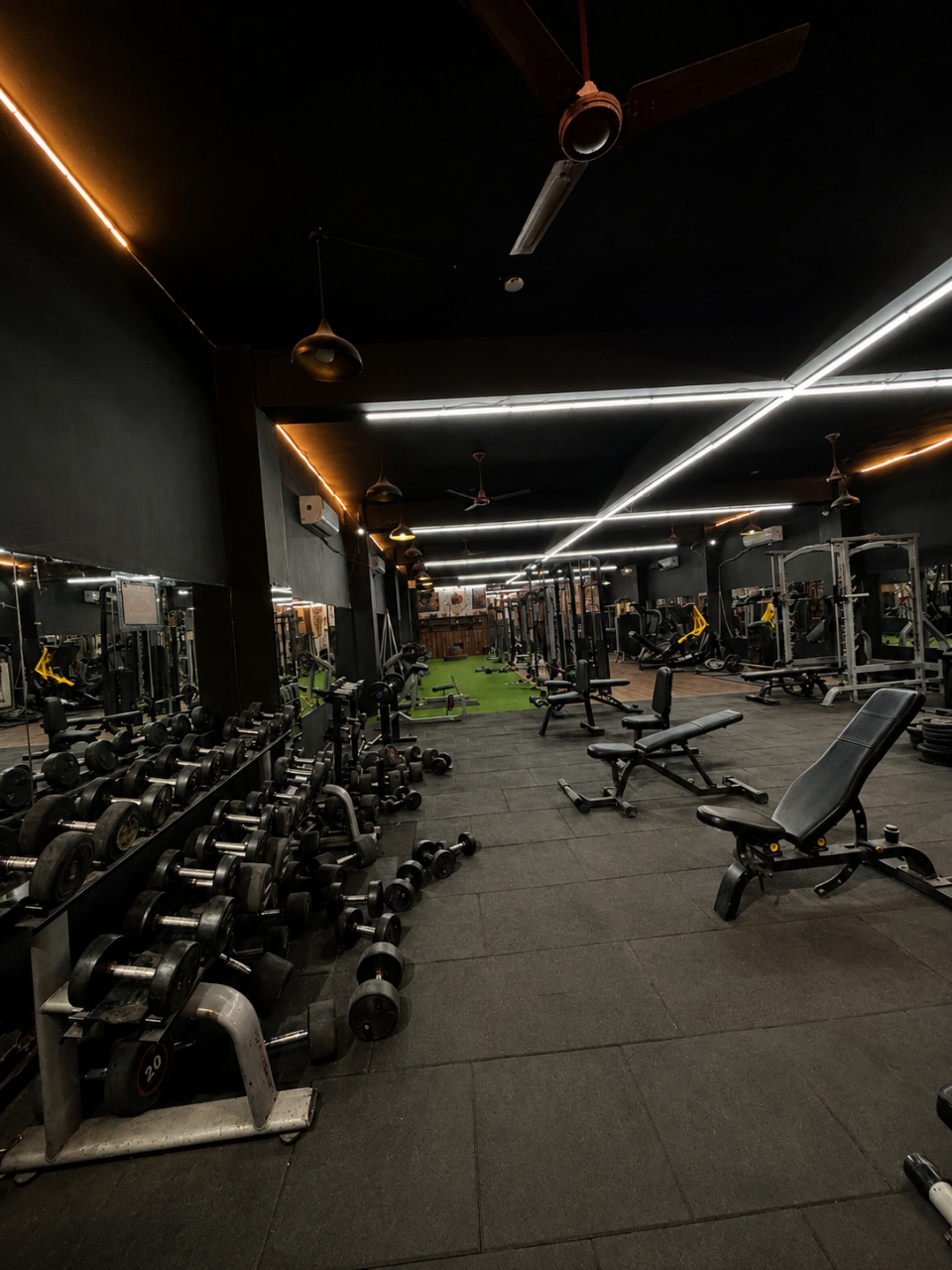 Dumbbell racks and benches under LED